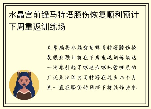 水晶宫前锋马特塔膝伤恢复顺利预计下周重返训练场